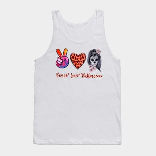 Peace Love Halloween Flower Skull Women Funny Horror Tank Top